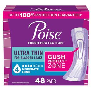 Poise Ultra Thin Incontinence & Postpartum Pads for Bladder Leaks, 4 Drop Moderate Absorbency, Long Length, 48 Count 