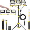 Upgraded LED Work Lights with Stand, 21000 Lumen 3-Head Adjustable Work Light, IP66 Waterproof Construction Tripod Light, Foldable & Portable Work Lights for Garage, Job Site, Outdoor Use (Black)