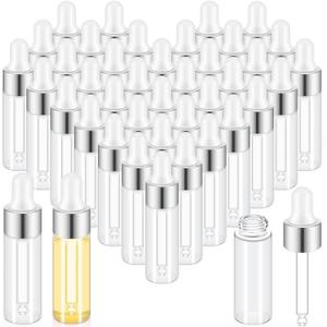 Didaey Mini Glass Oil Dropper Bottle Bulk, Clear Essential Small Empty Bottles Sample Containers Perfume Liquid Vials with Cap for Traveling(5 ml,Silver,200 Pcs)