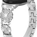 FitTurn Four-leaf lucky grass design Metal Watch Band Compatible with Google Pixel Watch 4 3 41mm/Pixel Watch 2 Replacement Wristbands Strap with Bling Crystal Rhinestone Band Strap (Silver)