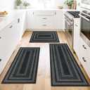 HEBE Washable Kitchen Rugs Sets of 3, Non Slip Absorbent Kitchen Rugs and Mats, Farmhouse Stain Resistant Faux Jute Kitchen Mat Carpet Runner for Kitchen Floor, Laundry Room, Hallway, Black/Grey
