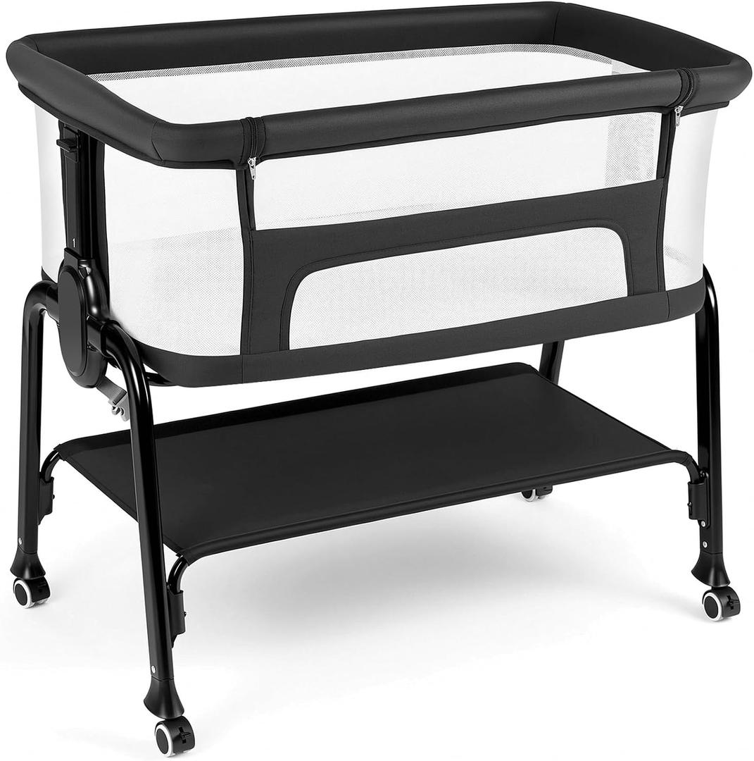 Cowiewie Bassinet Bedside Sleeper, Lightweight Portable Crib, Black