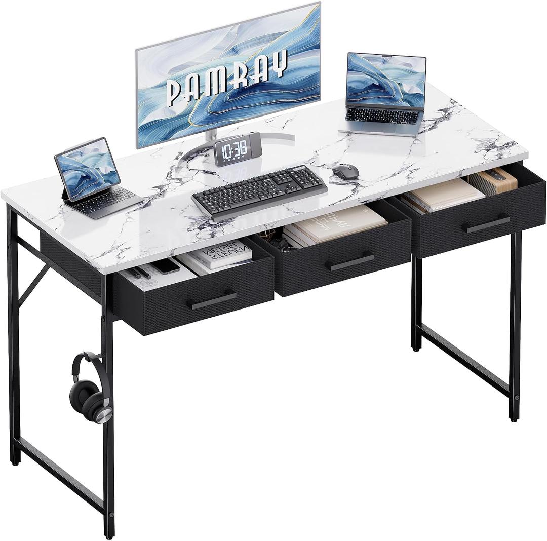Pamray 47 Inch Small Computer Desk with 3 Drawers for Bedroom Study Writing Home Office Table for Small Spaces Marble