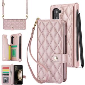 for Samsung Galaxy Z Fold 5 Wallet Case with 6 Credit Card Slots and S-Pen Slot, RFID Blocking, Adjustable Strap, Multi Card Function Premium Leather Magnetic Clasp Kickstand Cover.(Rosegold)