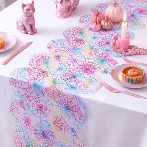 Irenare Iridescent Spider Web Table Runner Summer Halloween Glitter Pastel Rainbow Sheer Mesh Table Decor 14x70In for Candy Goth Ghoul Spooky One Birthday Party Supplies Home Kitchen Dining Decoration
