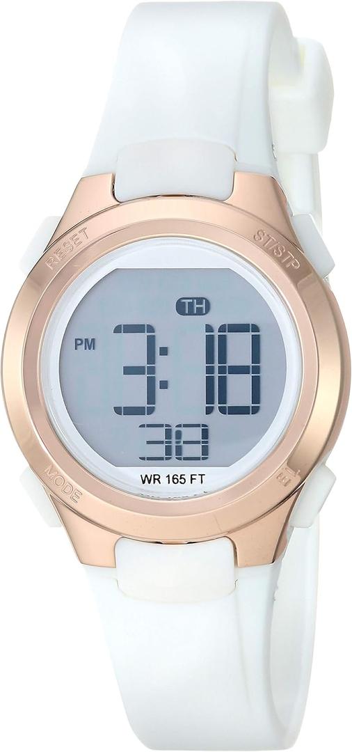 Amazon Essentials Women's Digital Chronograph Resin Strap Watch (White/Rose Gold)