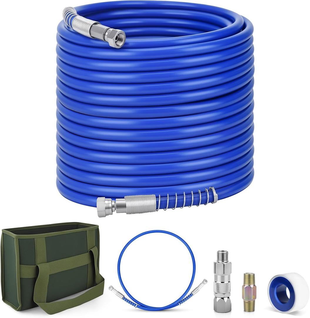 100Ft x 1/4" Airless Paint Sprayer Hose, High Pressure Hose Kit with 5Ft Whip Hose, 1/4" Hose Connector, Swivel Joint, PTFE Tape & Carrying Bag for Airless Spraying Machine