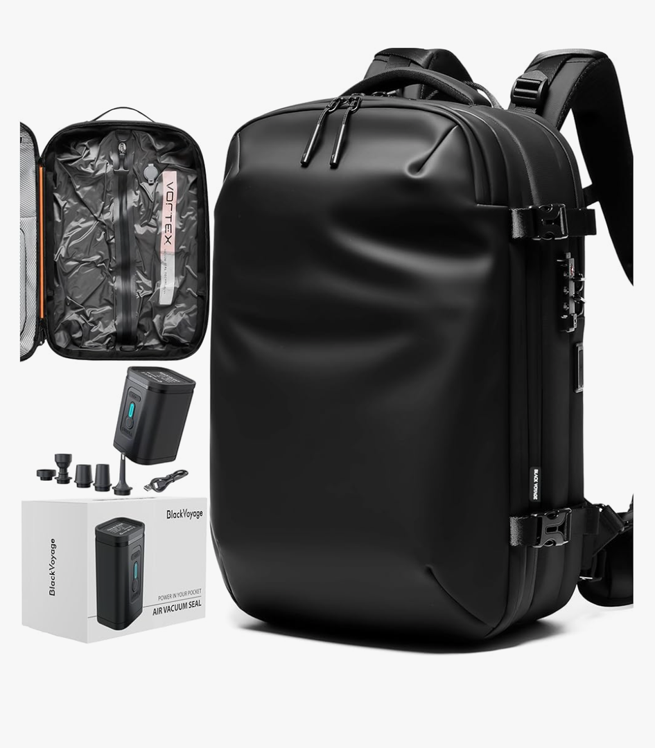 Vortex Vacuum Seal Travel Backpack 60L Expandable Air Compression System Water Resistant TSA Lock Carry-On Suitcase Luggage Black Zephyr - Vacuum Pump Included