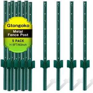 Gtongoko 5 Pack 5FT Heavy Duty Metal Fence Posts,Green U Channel No Dig Fence Stakes with Anchor Plate, Steel Posts for Wire Fencing, Garden Protection, Animal Barrier, Yard and Farm Boundary