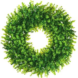 Boxwood Wreath 24 inch Artificial Spring Boxwood Wreaths for Front Door Spring Outdoor Ornaments for Window Porch Farmhouse Decor (Green)