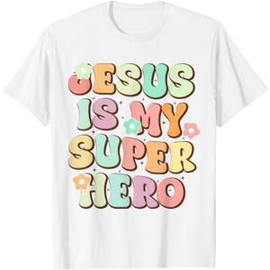 Jesus Is My Superhero Christian Religious T-Shirt (Small, White)