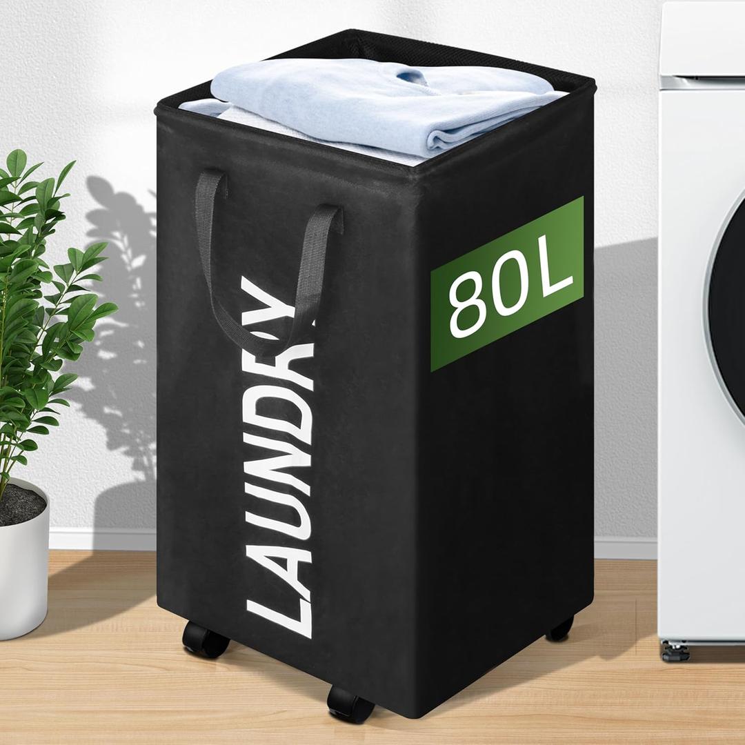 80L Large Laundry Basket with Wheels, 21 GAL Rolling Laundry Hamper with Handle, 27" Tall Square Laundry Basket for Corner, Collapsible and Foldable, (Black)