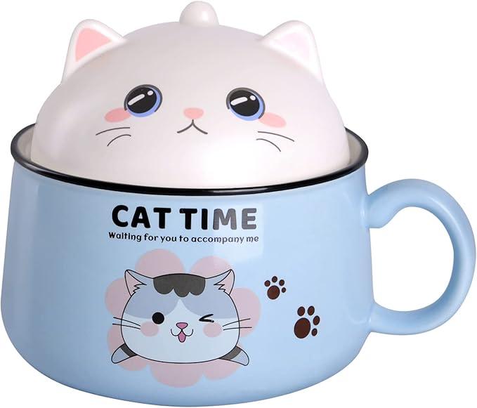 WHJY Cute Ramen Bowl Set，Kitty Ramen Bowl with Lid, Microwavable Ramen Cooker for Instant Ramen Noodles Soup Cups With Lid – 35 oz,Blue