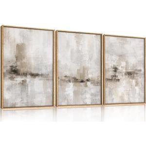 Ausril Large Neutral Textured Framed Canvas Wall Art Set, Minimalist Beige Shapes Wall Decor, Abstract Grunge Landscape Wall Painting, Modern Textured Art Prints for Living Room, Bedroom 24"x36"x3