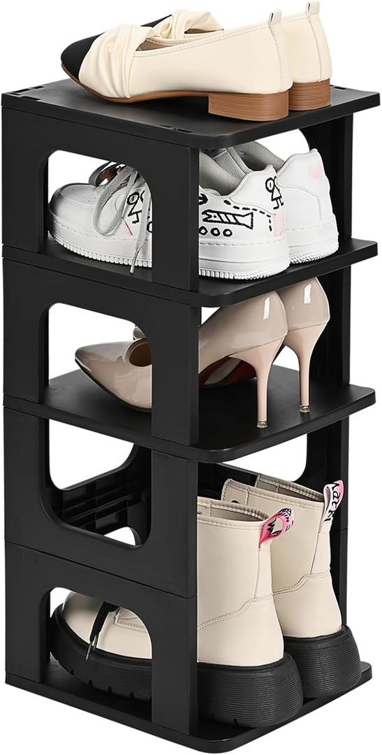 TRZZ 4-Tier Small Shoe Rack, Vertical Narrow Stackable Organizer with Removable Partition, Efficient Shoe Storage for Closet, Entryway, and Small Spaces (Black) (4-Tier-9.5"L, Black)