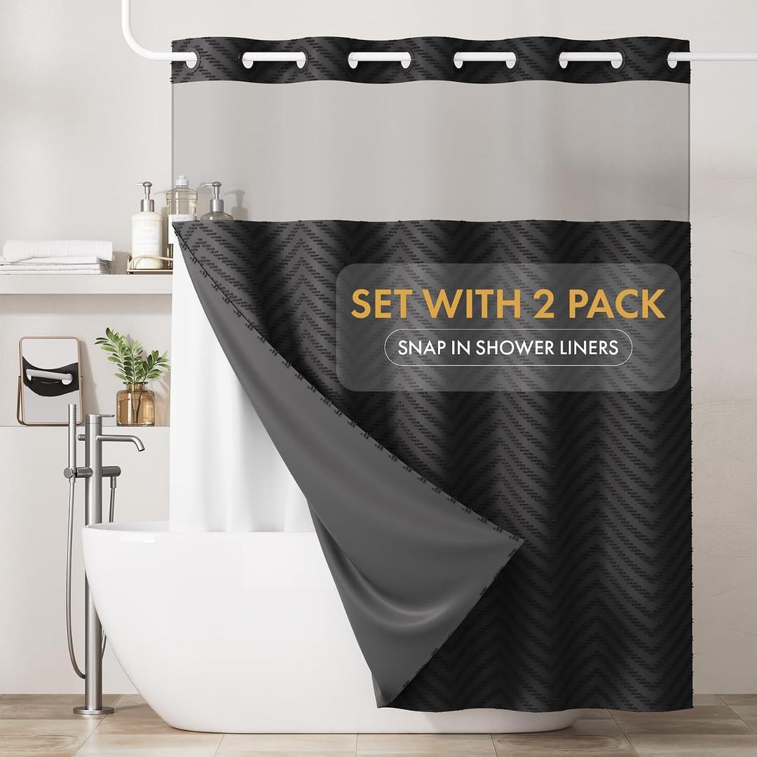 Bathway No Hook Shower Curtain and 2 Pack Removable Liner Set for Replacement, Black Snap in Shower Curtains Chevron Tufted Water Resistant with Through Mesh Top Window for Bathroom Hotel 72" x 84"