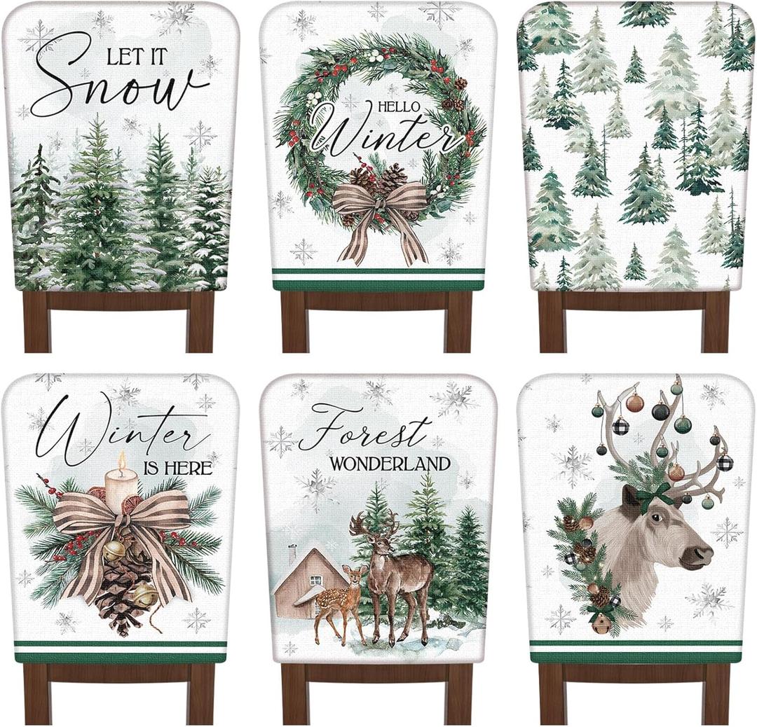 6 Pcs Winter Wonderland Chair Covers Hello Winter Chair Back Covers Frost Pine Tree Deer Chair Protector Slipcovers Washable Dining Room Seat Covers Winter Decor for Home Hotel Kitchen Indoor