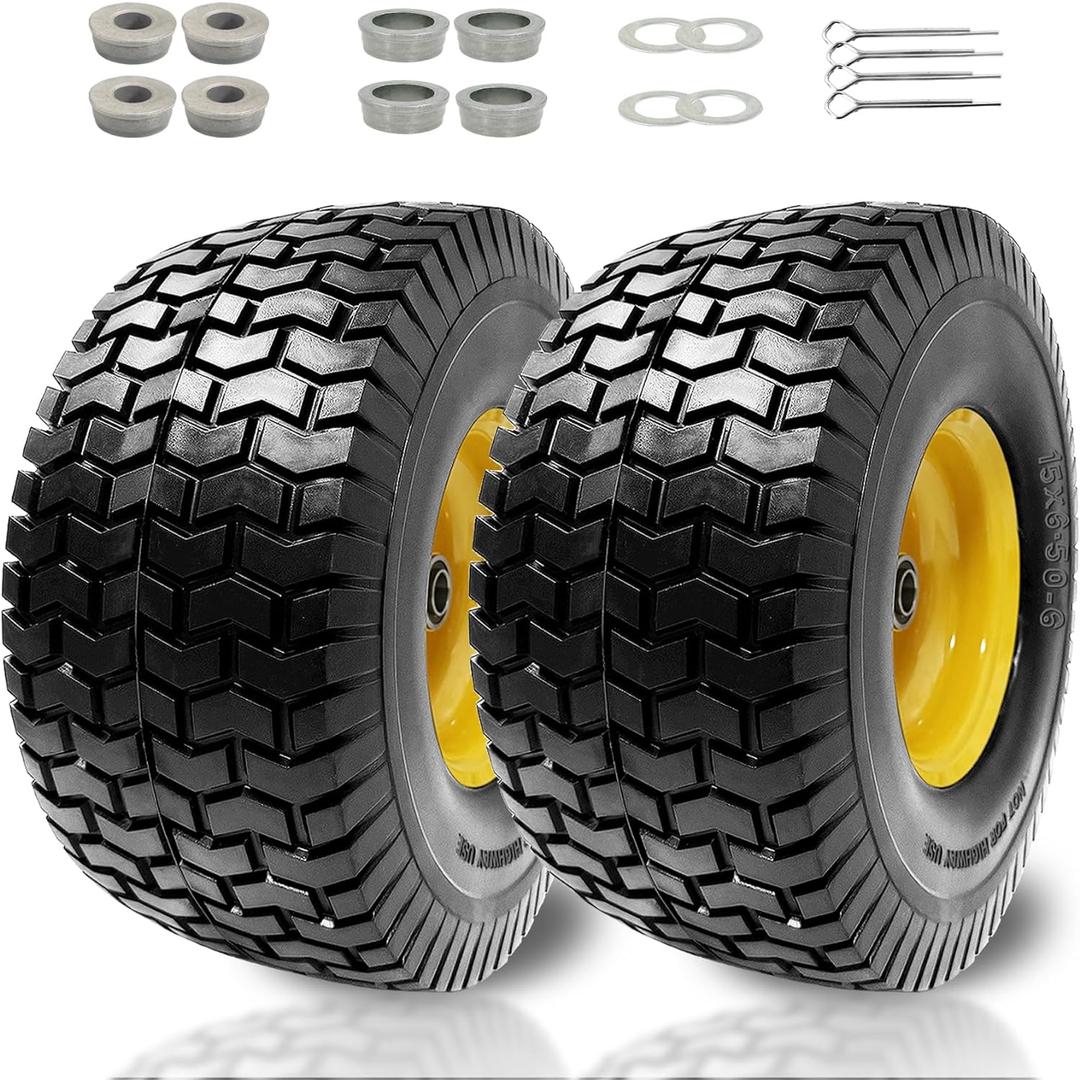 15x6-6 Flat Free Lawn Mower Tires Fits 15x6.5-6model Replacement for John Deere & More Riding Mowers, with 3" Centered Hub and 3/4" Bearings (5/8" & 1" Adaptable),881lbs Capacit