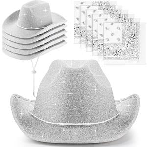 Coume 12 Pcs Sparkly Adults Cowboy Hat and Bandanas Women Men Western Glitter Cowgirl Party Hats with Adjustable Drawstring
