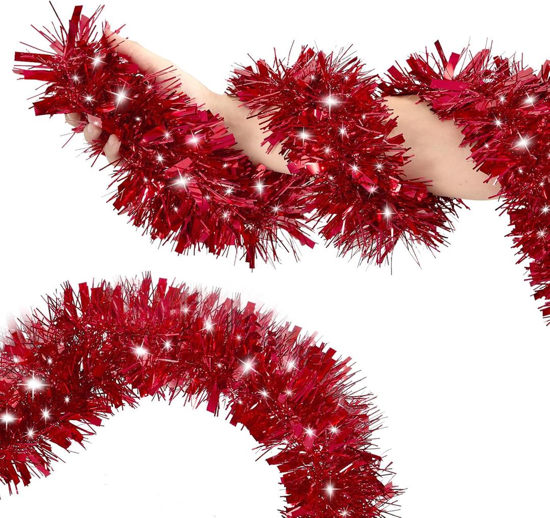 50FT Red Tinsel Christmas Garland Metallic Twist Garland Shiny Hanging Tinsel for Christmas Tree Party Supplies Indoor Outdoor Home Xmas Decoration (Red)