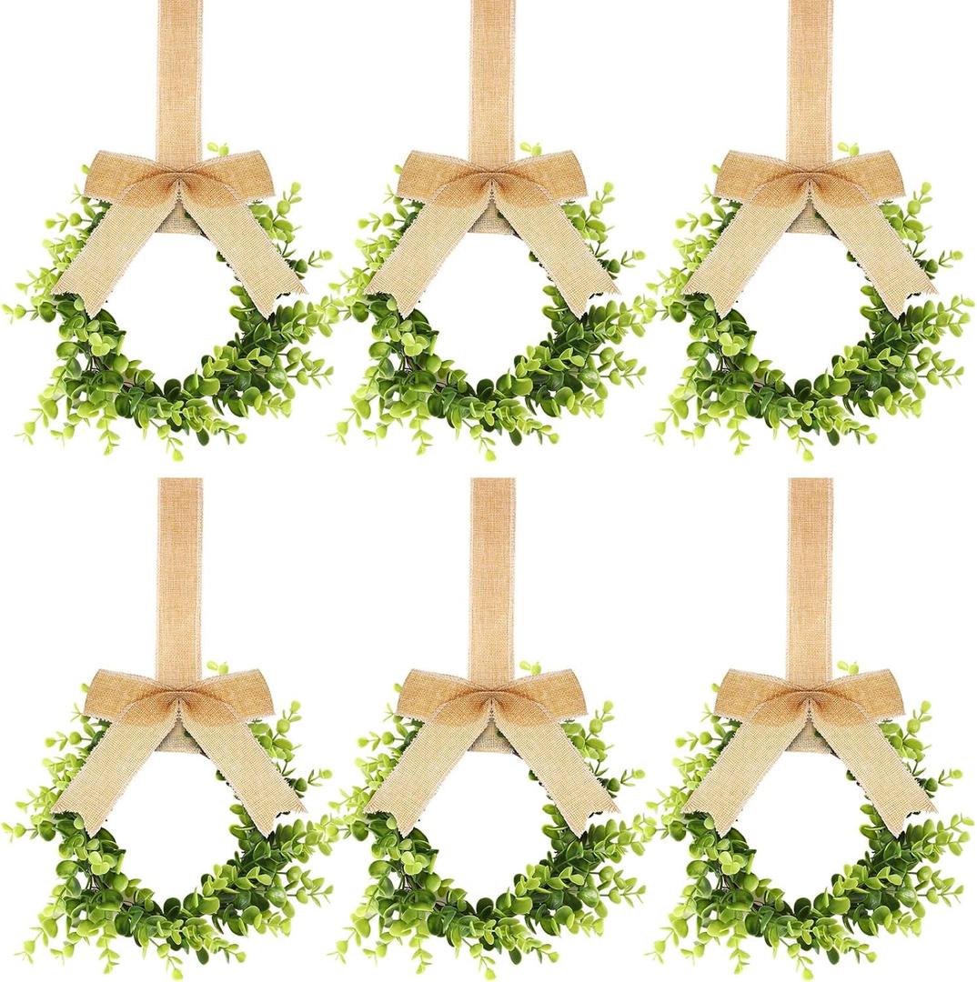 Yilloog 6 Pcs Mini Christmas Wreaths for Kitchen Cabinet 9" Small Christmas Artificial Boxwood Wreaths with Linen Bow Xmas Party Decor for Door Window Wall Farmhouse Hanging