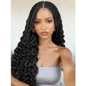 WIGER Braids Wig with Curly Ends Double Full Lace Boho Braided Wigs for Black Women Nature Black Lace Front Braid Wig with Baby Hair Synthetic Pre Plucked Knotless Box Daily Party