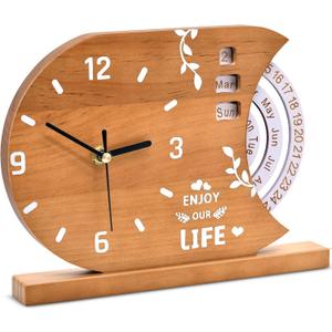 2-in-1 Wooden Analog Clock & Calendar - Silent No Ticking Desk Clocks Perpetual Calendar for Office, Bedroom, Study - Vintage Home Shelf Table Decor - Flip Date, Month & Day of The Week