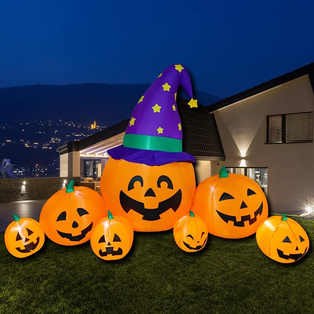 Poptrend Inflatable Halloween Decorations,8.2 FT Inflatable 7 Pumpkins Wearing Witch Hats Outdoor Halloween Blow Up Yard Decorations Internal LED Lights Holiday Decorations Home Garden