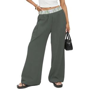 Wide Leg Slacks Pants for Women Pull on High Waisted Business Trousers with 3 Pockets for Casual Office Wear (Gray, XL)