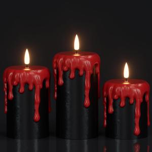 Eldnacele Black Flameless Pillar Candles Battery Operated with 6H Timer, Red Real Wax Dripping Effect 3D Wick Flickering LED Candle Lights Dinner Halloween Decoration(3 Pack, 3 x 4,5,6 Inches)