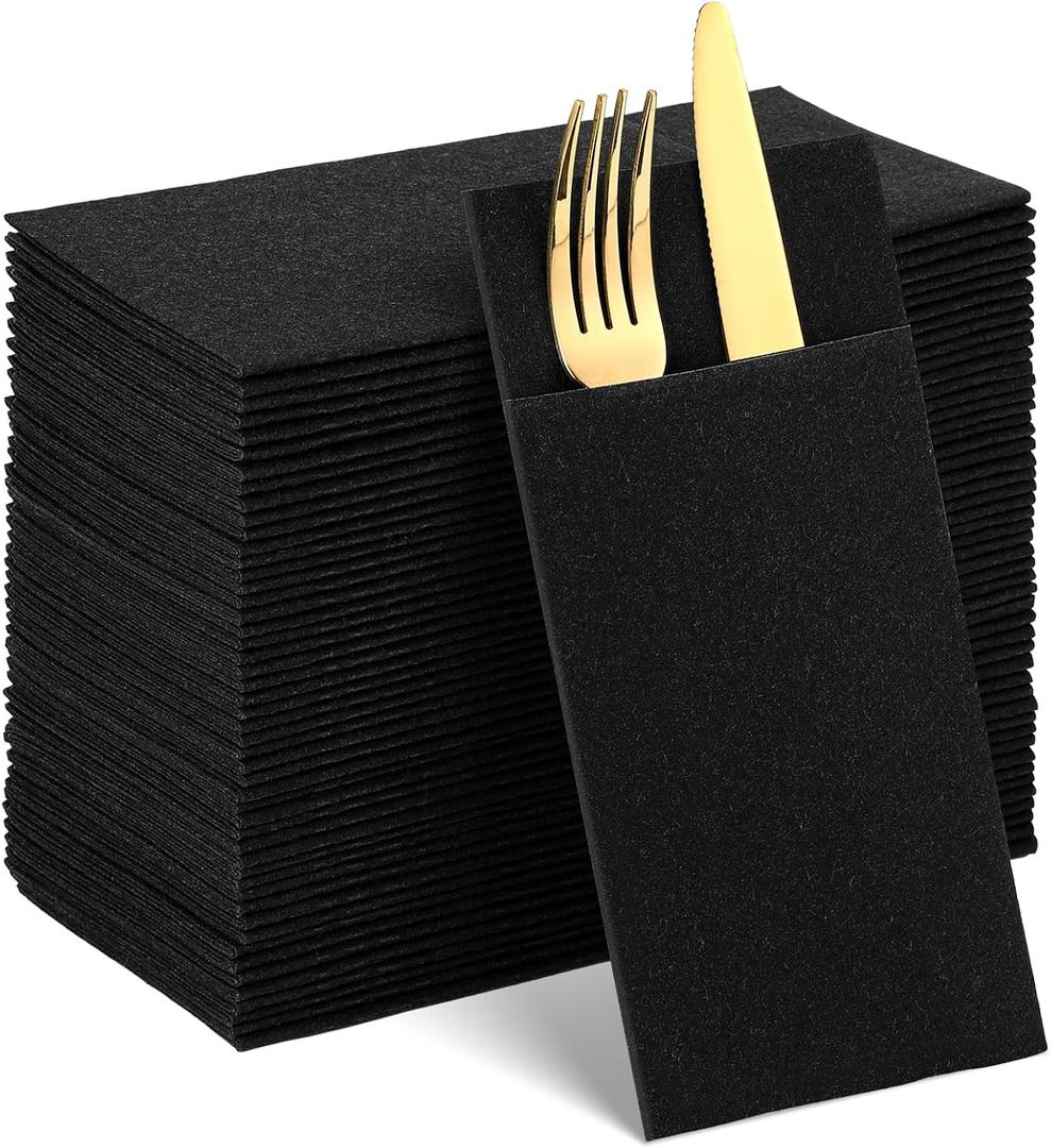 60 Pcs Black Linen-Feel Paper Napkins with Built-in Flatware Pocket, Pocket Linen Napkin Prefolded Cloth Like Paper Napkins Bulk for New Year Silverware Birthday Bathroom Weddings Party