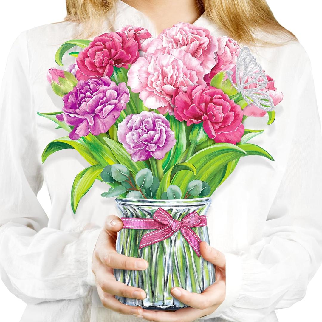 Airpark Pop Up Flower Card, 10 Inch Carnation 3D Paper Flowers Bouquet, Popup Greeting Cards with Blank Note Card & Envelope, Birthday, Graduation Decorations, Get Well Soon, Thank You Gifts for Women Mother