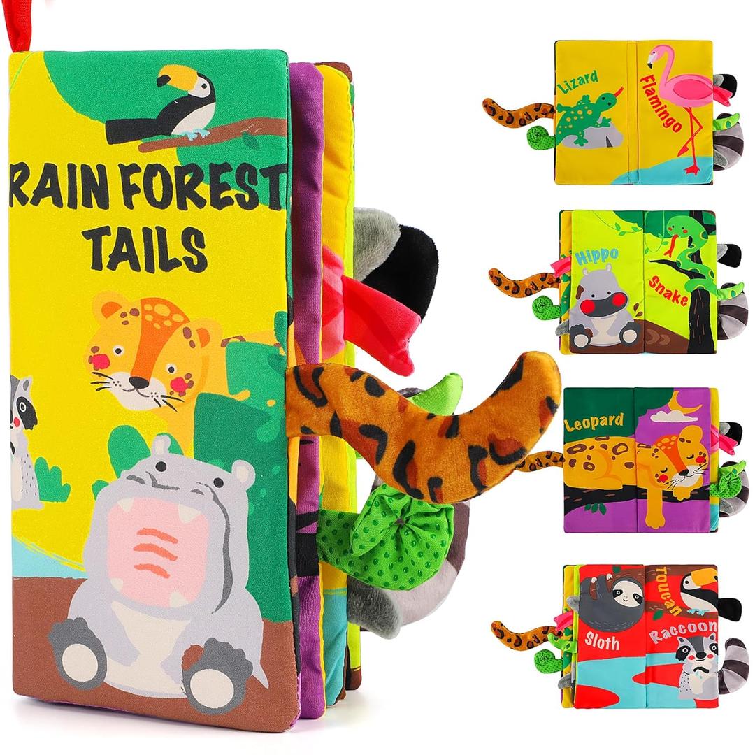 Beiens Soft Toys Baby Cloth Books, Touch and Feel Crinkle Books for Babies, Infants & Toddler, Early Development Interactive Car Toys & Stroller Toys for Boys & Girls (Rainforest Tails-1 Book)