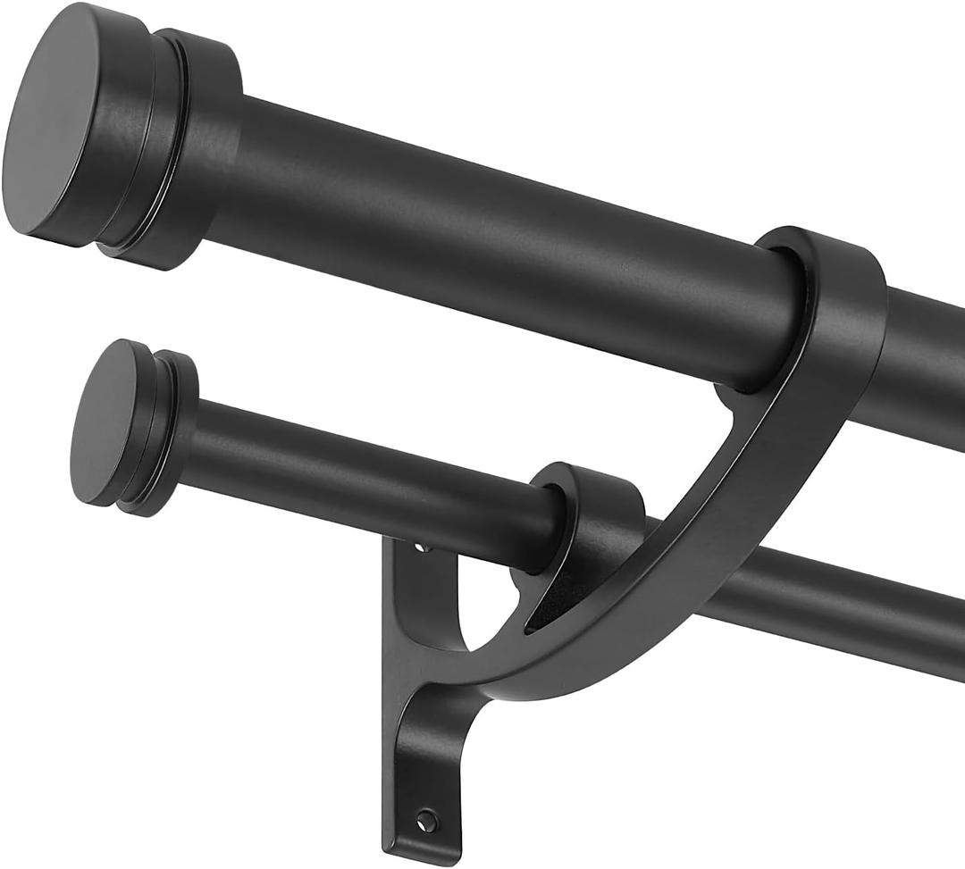 Double Drapery Curtain Rods, 36-72 Telescoping Curtain Rod with 1inch large rod and 5/8inch small rod, Modern Round Style Finials, Matte Black