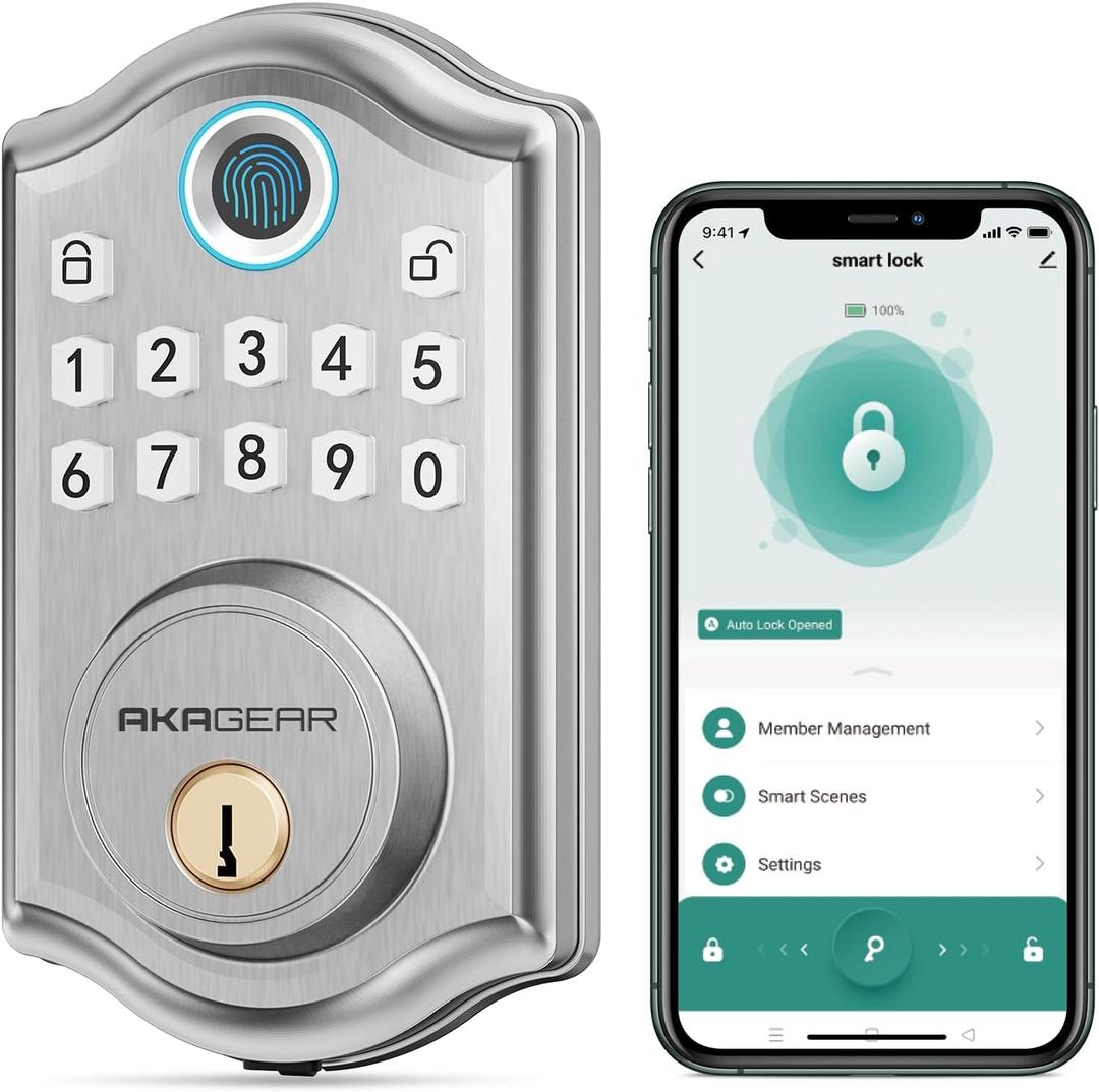 AkaGear Keyless Entry Door Lock with Fingerprint - Electronic Keypad Deadbolt, Smart Locks for Front Door, Auto-Lock & One Touch Locking with Bluetooth, Password Code, APP Control, Satin Nickel