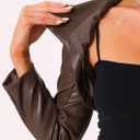 Allegra K Women's Faux Leather Cropped Top Stand Collar Zipper Front Moto Biker Long Sleeve Jacket Coat (Brown, L)