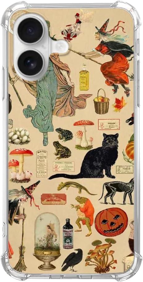 Vintage Witchy Halloween Phone Case Compatible with iPhone 16 Plus, Spooky Halloween Flying Witch Cats Frog Phone Case for iPhone 16 Plus, Trendy TPU Bumper Phone Cover Case