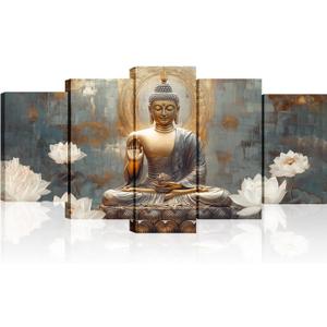 Buddha Canvas Wall Art 5 Piece Zen Wall Decor Buddhism Meditation Painting for Spiritual Room Living Room Home Decor Office Framed(Picture-1,8x14inx2 8x18inx2 8x22inx1) (40x22 inch)