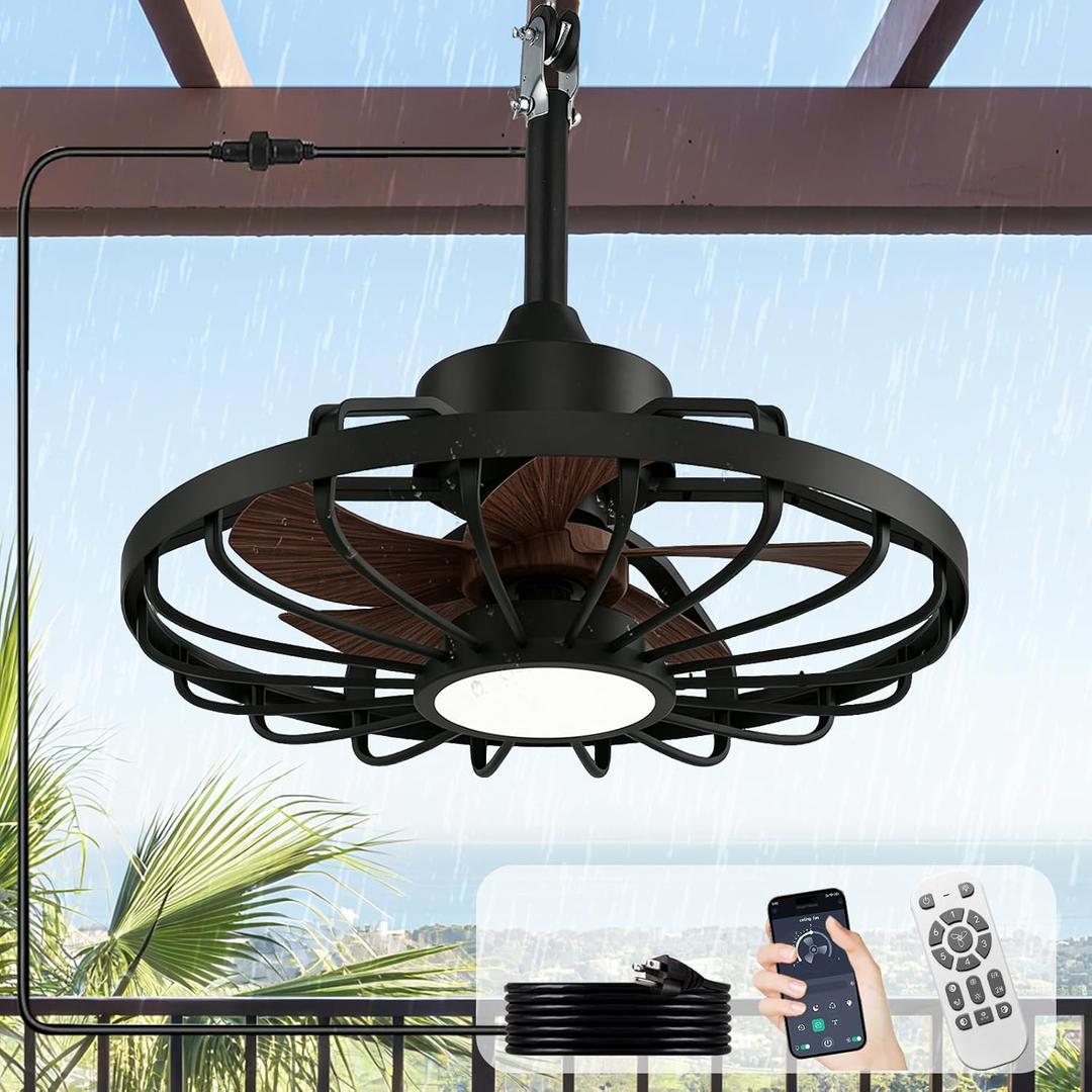 Depuley Outdoor Ceiling Fan with Light: 20" Outdoor Hanging Gazebo Fans with Lights and Remote App Control - Waterproof Plug in Caged Fan for Patio Pergola Porch Canopy Black Walnut