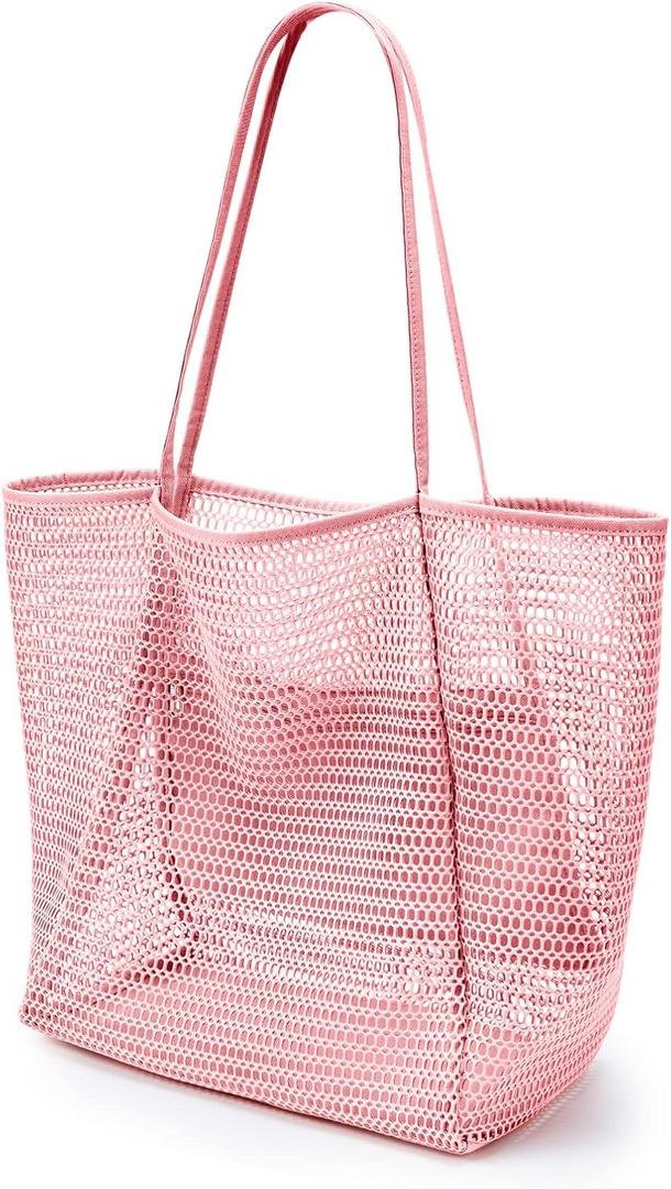 KALIDI BeachNylon Mesh Tote Bag, Casual Tote Bag Hobo Women Foldable MAX 23L Shoulder Bag For Beach Picnic Vacation (Pink)