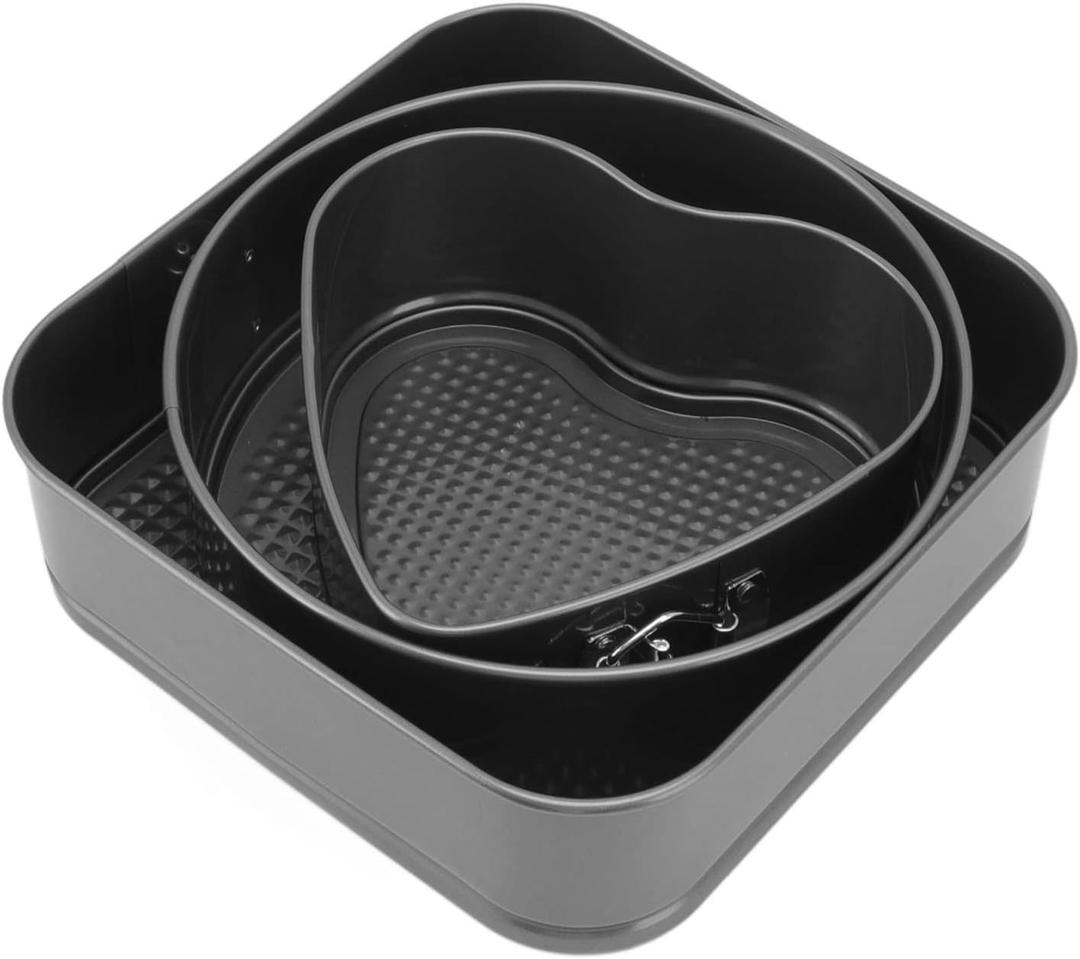 ZJchao Baking Pans Set, Cheesecake Pan 3Pcs Cake Pan Set, Carbon Steel Baking Pan, Round Heart Square Shape Bakeware Set Heart Shaped Cake Pans with Springform Buckle for Cheesecake, (22/24/26)