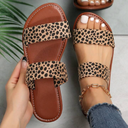Plus Size Women's Leopard Print Open Toe Comfortable Flat Leather Slip-On Sandals, Stylish Casual Outdoor Beach Shoes For Summer, Size 8