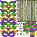Winlyn 144 Pcs Mardi Gras Party Accessories Set Bulk Mardi Gras Bead Necklaces Masquerade Mardi Gras Coins Temporary Tattoos Rubber Bracelets for Mardi Gras Parade Masquerade Party Dcoration