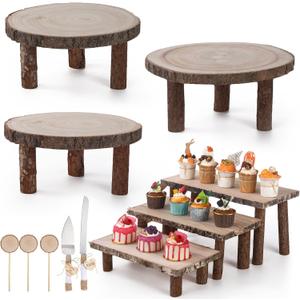 Jetec 11 Pcs Wood Cake Stand Rectangular Round Rustic Wedding Cake Holder Tray with Wooden Slice Toppers and Cutter for Wedding Reception Party Event