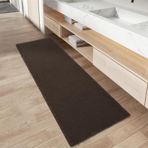 AMOAMI Upgraded Waffle Runner Rug Super Absorbent Non Slip Bath Mats for Bathroom Machine Washable Bathroom Runner Rug with Tassels, Ideal for Hallway Bedroom Laundry Room, Chocolate, 17" x 48"
