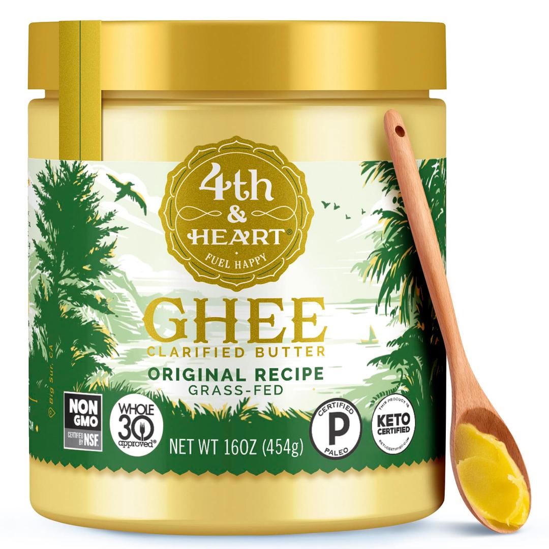 4th & Heart Original Grass-Fed Ghee, Clarified Butter, 100% Butter Fat, Pasture-Raised, Lactose & Casein Free, High Smoke Point Cooking Oil, Keto & Paleo Friendly, 16 oz