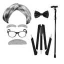 Yaliuliu Old Man Wig Costume for Kids 100 Days of School DressUp with Grandpa Vibes,Complete with Suspender,Cane, Glasses, Gray Wig, Ideal for Halloween Cosplay and for Adults and Boys