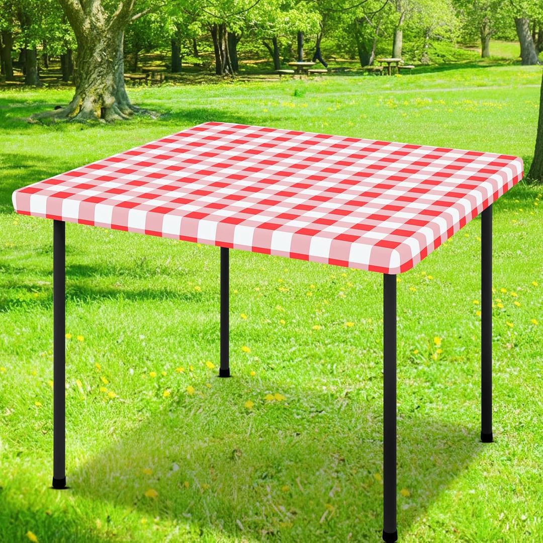 Smiry Square Picnic Table Cloth, Elastic Waterproof Fitted Vinyl Tablecloths, Flannel Backed Buffalo Plaid Table Covers for Dining, Camping, Outdoor (White and Red, 42" x 42")