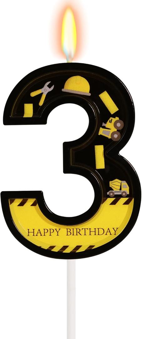 Construction Birthday Candles for Cake - Number 3 Candle Birthday Boy Construction Party Decorations Black and Yellow Caution Tape Party Decorations