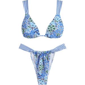 ZAFUL Women's 2 Piece Sexy Thong Triangle Bikini Sets Floral Print Swimsuit 2026 Summer Beach Grid Swim Cheeky Bathing Suit (Blue, L)